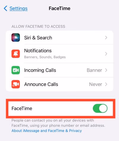 Turn FaceTime Off and On