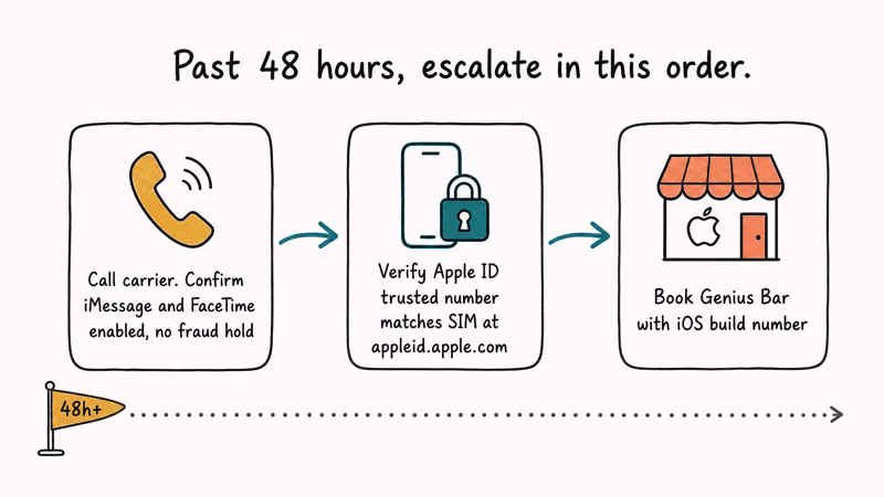 Escalation path showing carrier Apple ID and Genius Bar checks after 48 hours