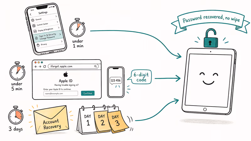 Three Apple ID password recovery paths converging on an unlocked iPad with timing labels