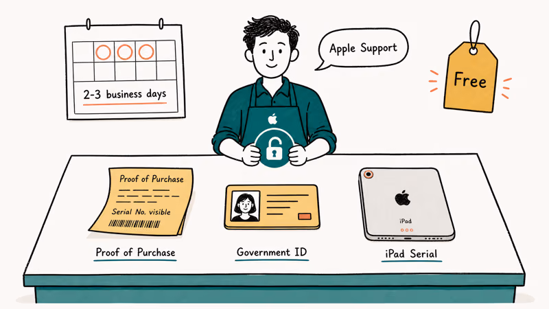 Apple Store counter showing receipt, photo ID, and iPad needed for activation lock removal