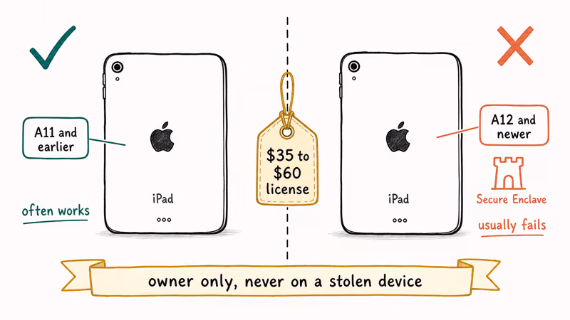 Side by side iPads comparing A11 success and A12 Secure Enclave block for unlock tools