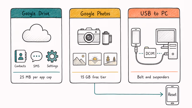 Three side-by-side cards comparing Google Drive, Google Photos, and USB-to-PC backup before factory reset