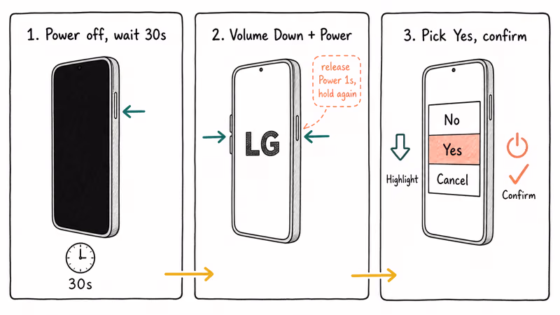 Three-panel sequence showing LG hardware reset button combo and confirmation
