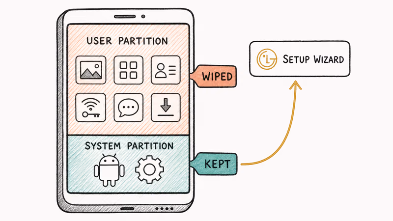 Cutaway diagram showing user partition wiped while Android system partition stays intact during factory reset