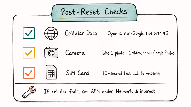 Notebook checklist card with three verification checks for cellular data, camera, and SIM after reset