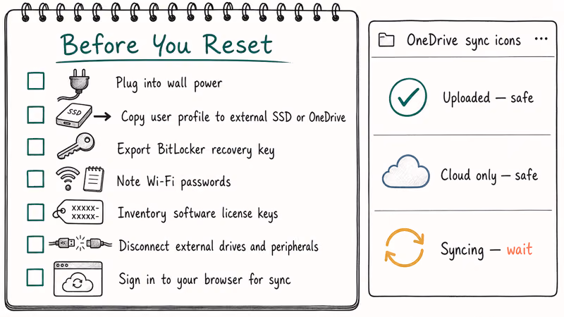 Notebook checklist of seven Windows 11 backup steps with OneDrive sync status icons.