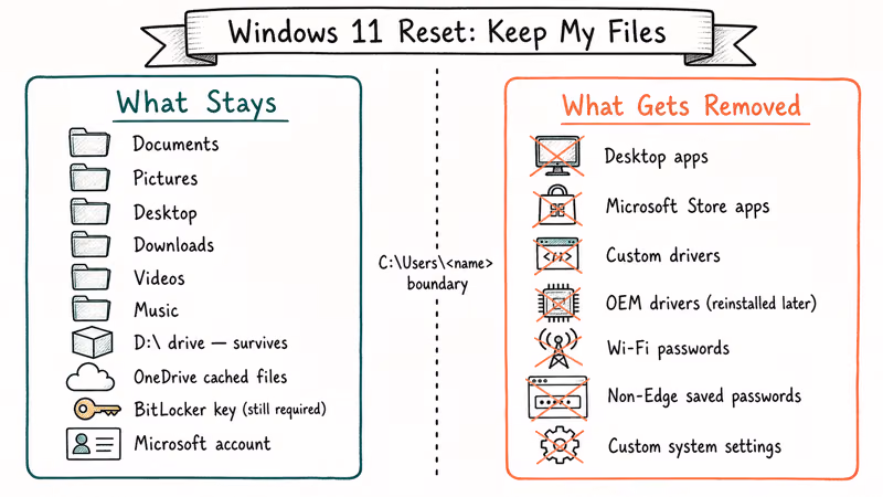 Side-by-side panel of Windows 11 user files kept versus apps and drivers removed during reset.