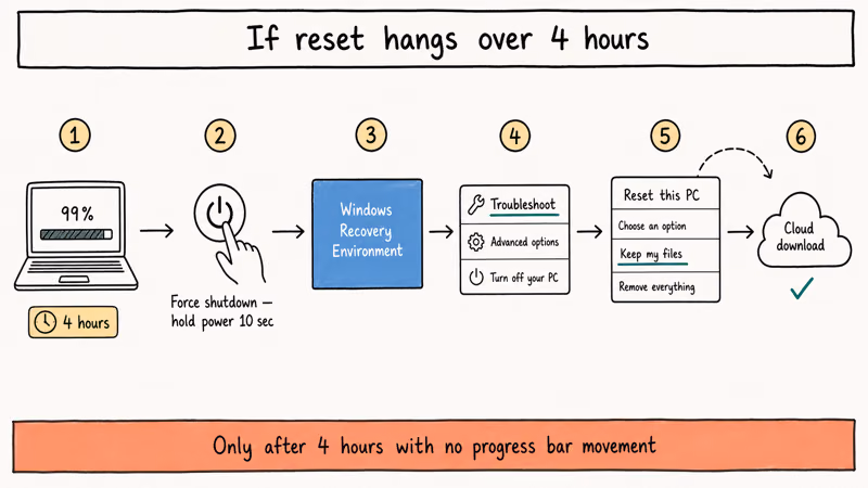 Six-step flow from stuck reset to Windows Recovery Environment Cloud download retry.