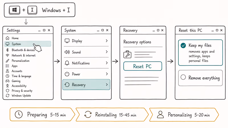 Hand-drawn Windows 11 Settings to System to Recovery to Reset PC navigation flow.