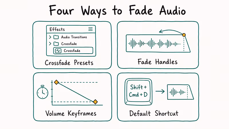 Four hand-drawn cards comparing crossfade presets, fade handles, volume keyframes, and the default shortcut method