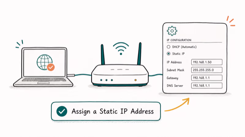 Hand-drawn illustration: Assign a Static IP Address