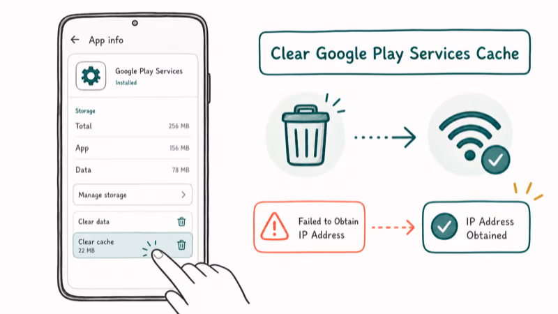 Hand-drawn illustration: Clear Google Play Services Cache