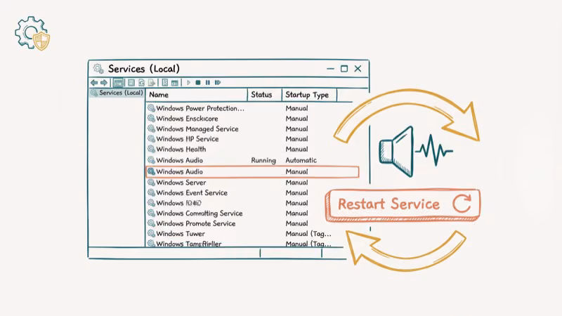 Windows Audio service restart panel with speaker icon and refresh arrows
