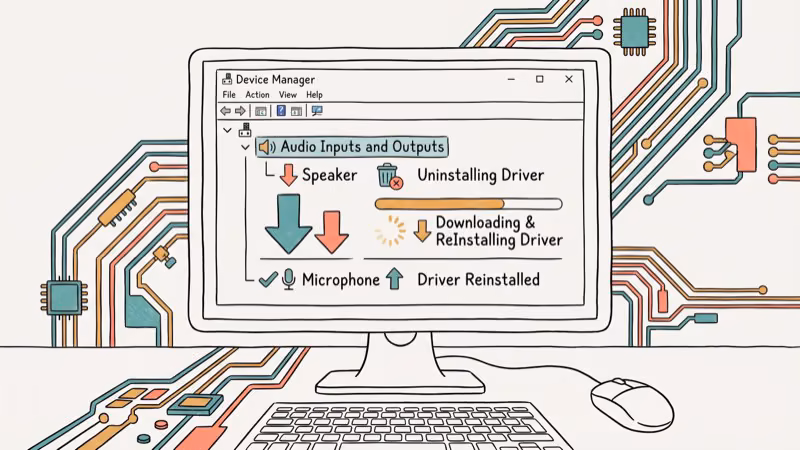 Device Manager showing audio driver uninstall and reinstall with download arrow
