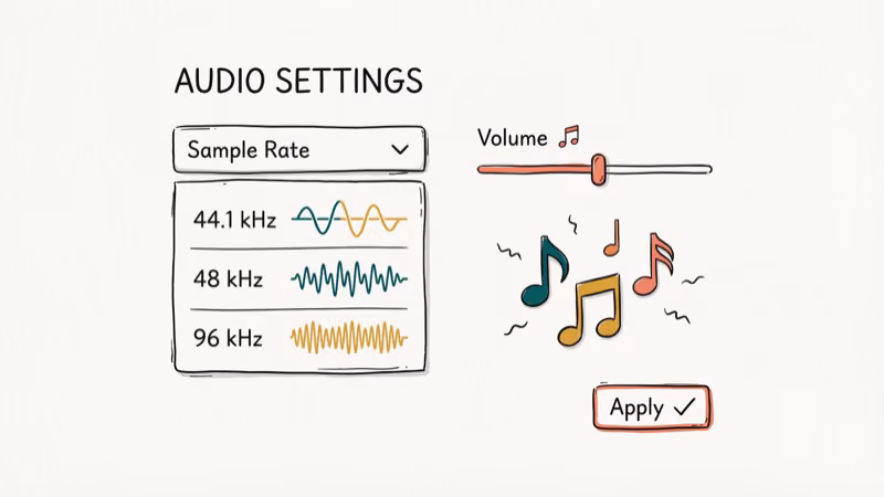 Audio settings panel with sample rate dropdown and sound wave frequency display