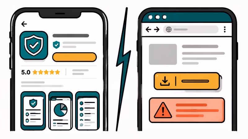 Verified app store listing beside a browser install page carrying a warning