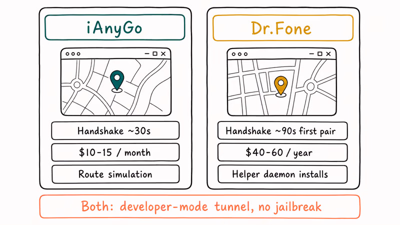 Comparison of iAnyGo and Dr.Fone iPhone GPS spoofing desktop tools.