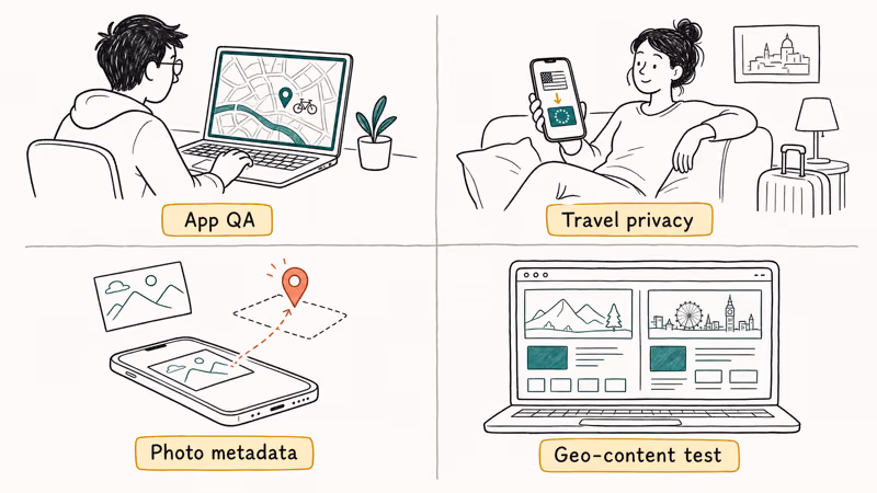 Hand-drawn grid showing four legitimate iPhone GPS spoofing scenarios for developers travelers and privacy testing.