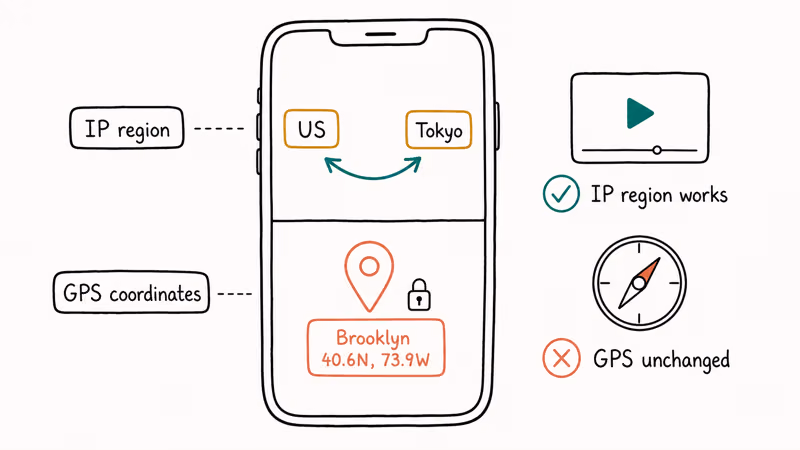 Illustration showing VPN swapping iPhone IP region while real GPS coordinates remain unchanged at Brooklyn.