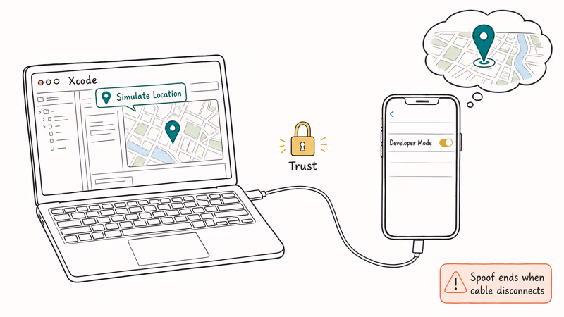Diagram of MacBook running Xcode connected by USB cable to iPhone simulating GPS location override.