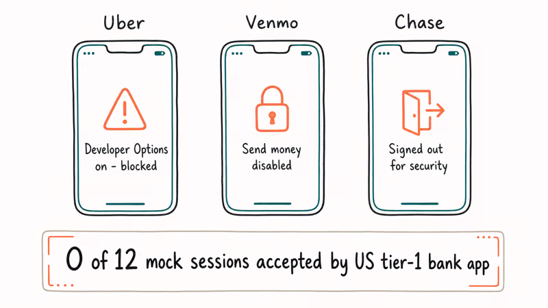 Financial apps blocking access during an Android mock location session.