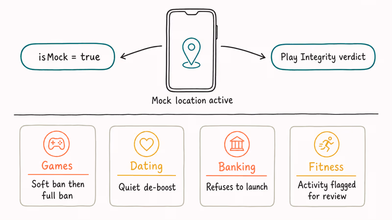 Diagram of mock location detection signals and app reactions.