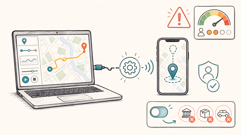 Desktop to iPhone location spoofing diagram with account risk warning