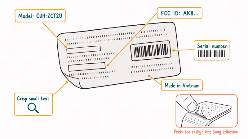Annotated DualShock 4 sticker with model and barcode checks.