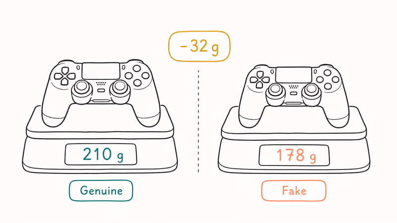 Scale comparison showing genuine and fake DualShock 4 weights.