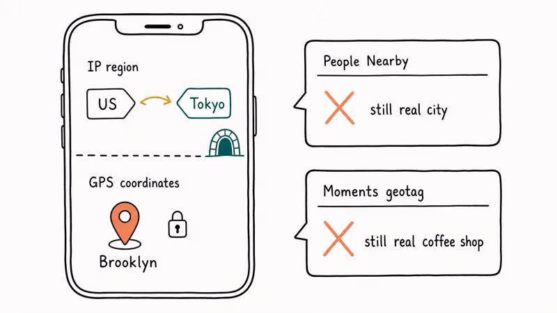 Phone diagram showing VPN swapping IP region while real GPS coordinates remain unchanged inside WeChat.