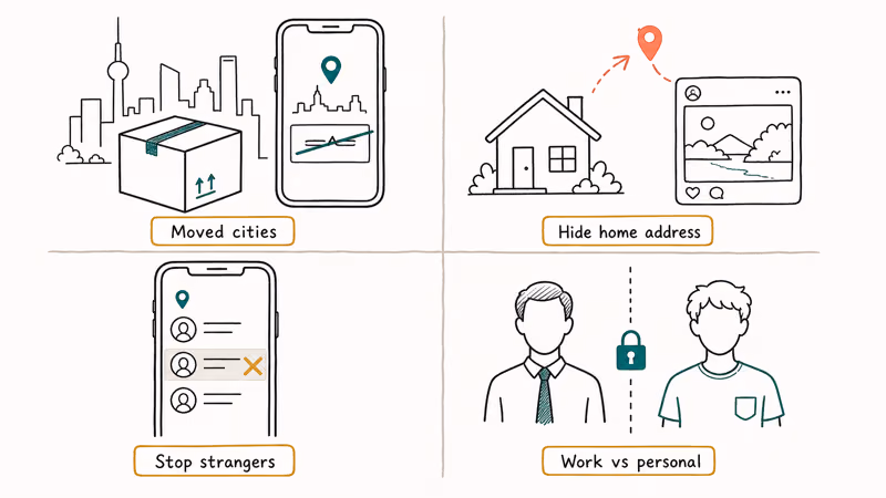 Hand-drawn grid showing four legitimate WeChat privacy scenarios for people protecting personal location data.