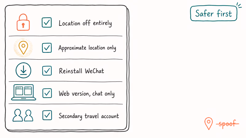 Hand-drawn checklist of five safer WeChat privacy alternatives covering location permissions web version and accounts.