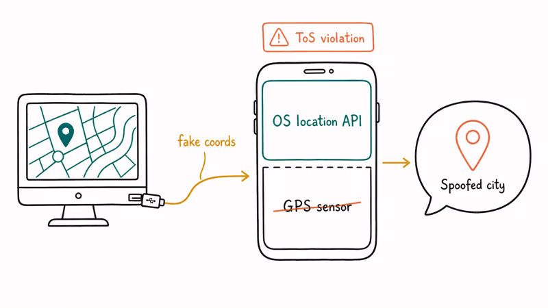 Diagram showing GPS spoofer feeding fake coordinates into operating system that WeChat reads as real.