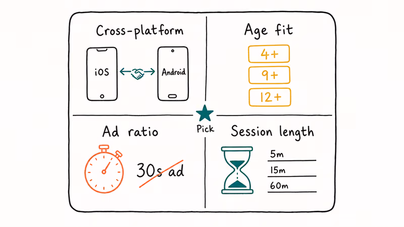 Four-quadrant card showing cross-platform, age fit, ad ratio, and session length as criteria