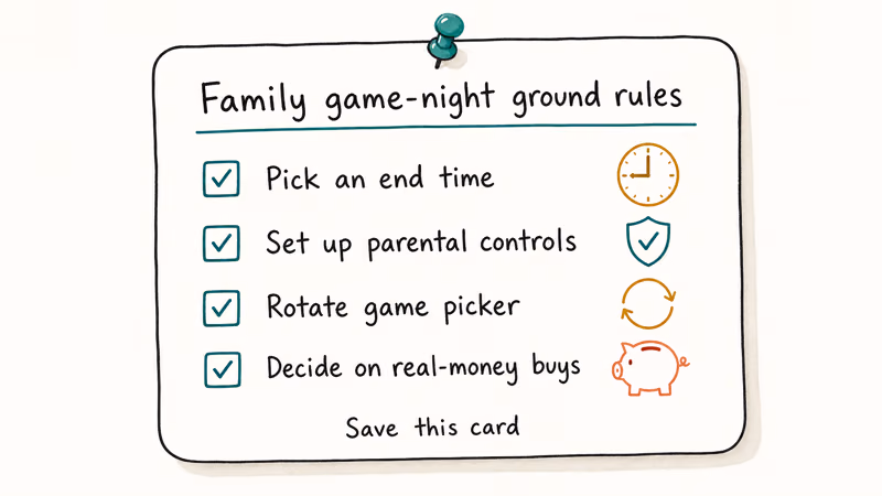 Notion-style rules card showing four family game-night ground rules with checks and small icons