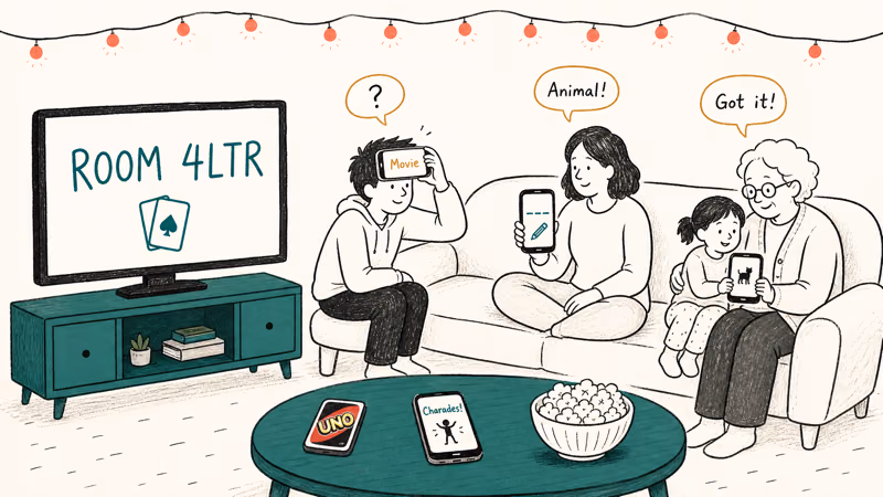 Living-room scene with TV room code, couch with three generations, phones showing party game prompts