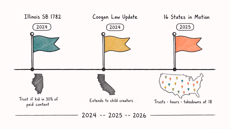 Timeline showing Illinois, California, and 16 state child influencer protection laws between 2024 and 2025