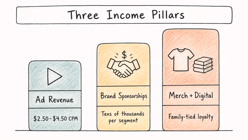 Three-column infographic comparing ad revenue, brand sponsorships, and merchandise as family vlogger income pillars