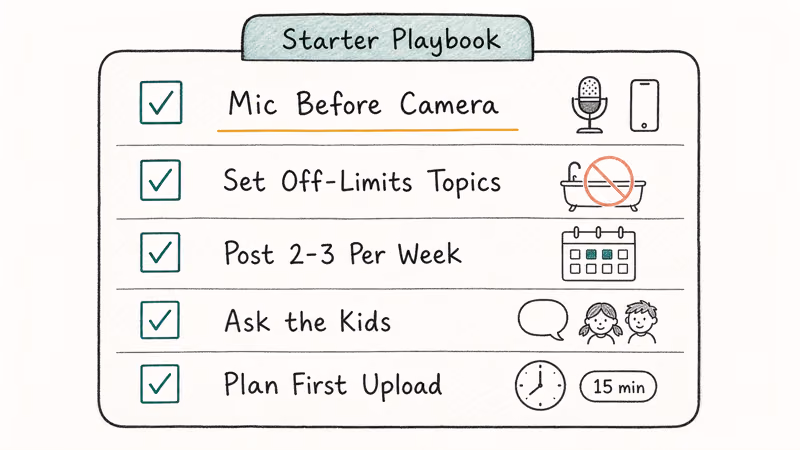 Notebook checklist of five practical rules for launching a family vlog channel without burning out
