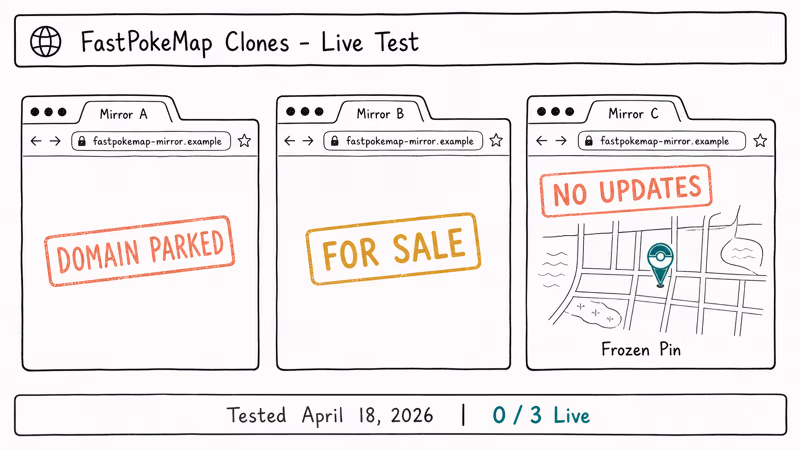 Browser windows showing parked and frozen FastPokeMap clone results.