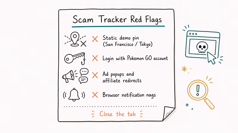 Checklist of scam tracker warning signs and static pins.