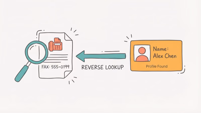 Reverse search arrows from fax number to person profile card with magnifying glass