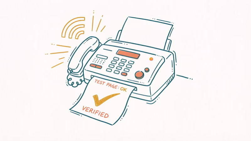 Fax machine sending test page with checkmark confirmation and signal waves