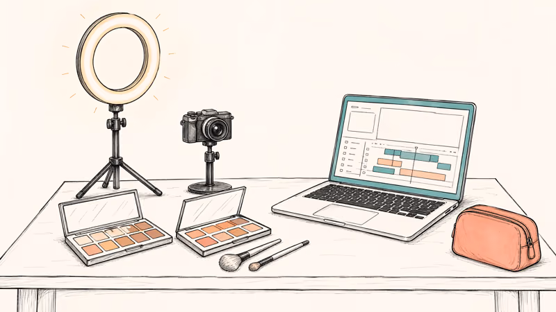 Hand-drawn beauty vlogging desk with ring light camera and makeup palettes