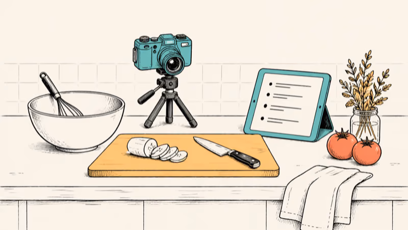 Kitchen counter cooking vlog setup with camera tripod ingredients and recipe tablet