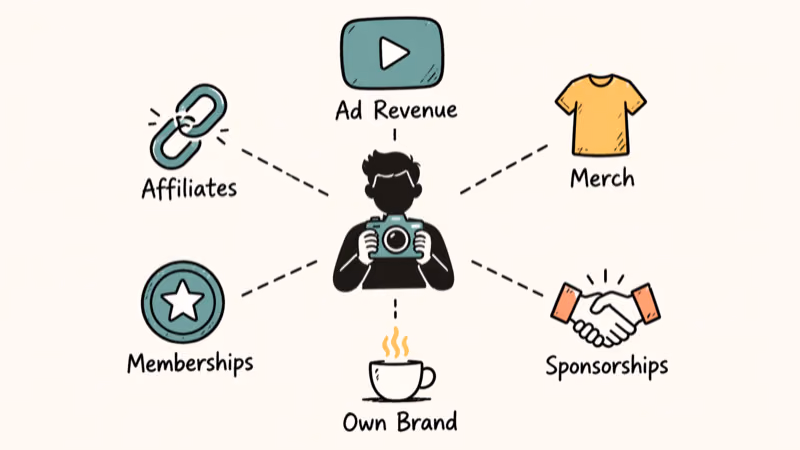 Infographic showing six YouTube creator revenue streams around central creator silhouette