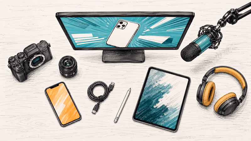 Overhead view of tech review desk with phone tablet camera and microphone