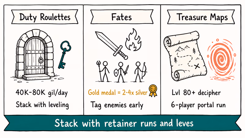 Hand-drawn three column comparison of FFXIV duty roulettes fates and treasure map gil sources
