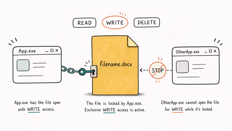 Diagram showing how a Windows process holds a file handle locking deletion attempts
