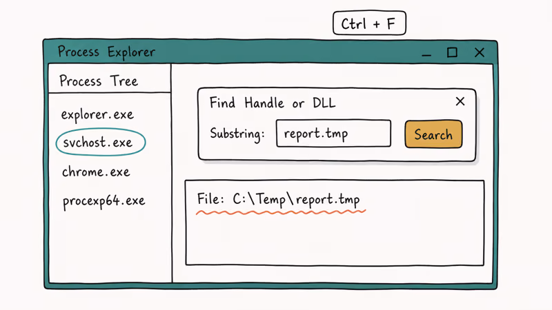 Process Explorer Find Handle dialog highlighting the locked file inside a process